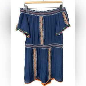 Anthropologie THML Navy Embroidered‎ Beaded Boho Off the Shoulder Romper Medium